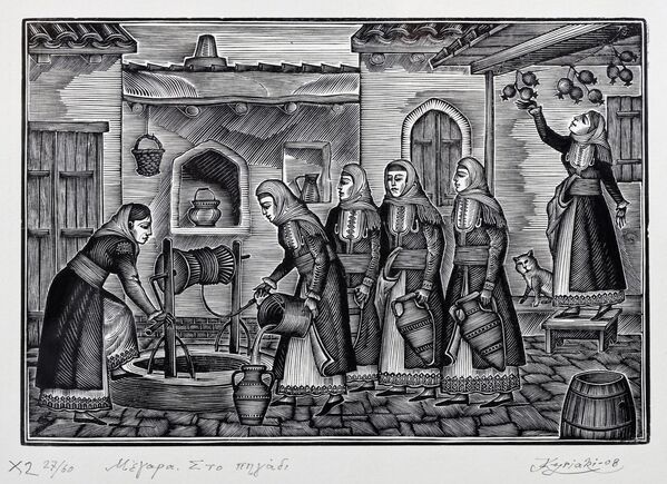 &quot;Мегара. &quot;У колодца&quot;. ксилография, 16,5×11, 2008 год - Sputnik Узбекистан