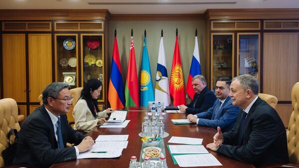 Состоялась встреча министра ЕЭК Руслана Давыдова и таможенного советника Посольства Китая в РФ Чжоу Вэньи  - Sputnik Узбекистан