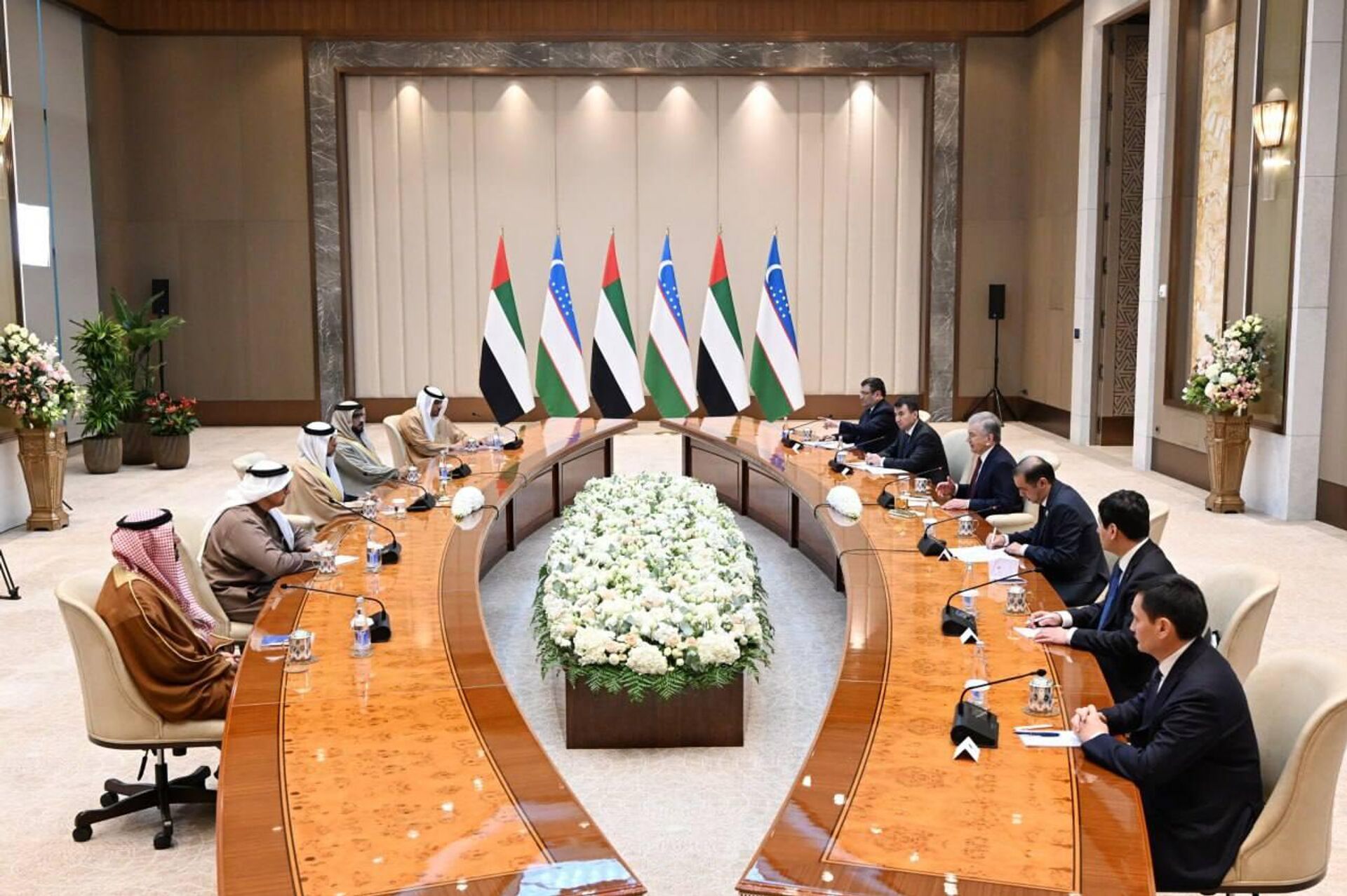 Президент Республики Узбекистан Шавкат Мирзиёев принял делегацию Объединенных Арабских Эмиратов во главе с министром энергетики и инфраструктуры Сухейлем аль-Мазруи - Sputnik Узбекистан, 1920, 05.12.2025