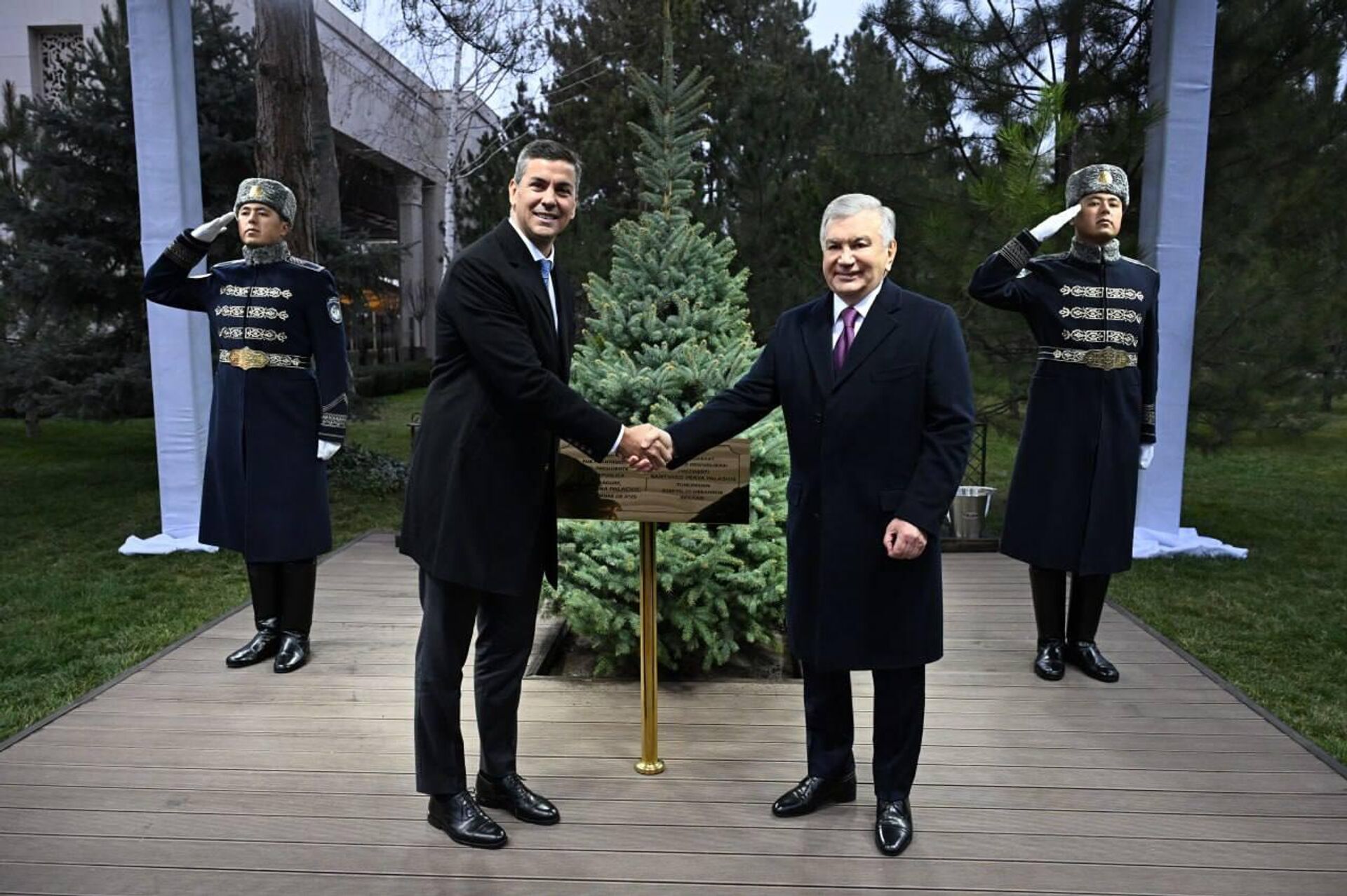Президенты Узбекистана и Парагвая посадили дерево в резиденции Куксарой. - Sputnik Узбекистан, 1920, 11.12.2025