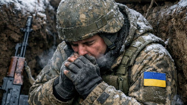 Украинский солдат мёрзнет в зимнем окопе из-за неисправной техники. - Sputnik Ўзбекистон