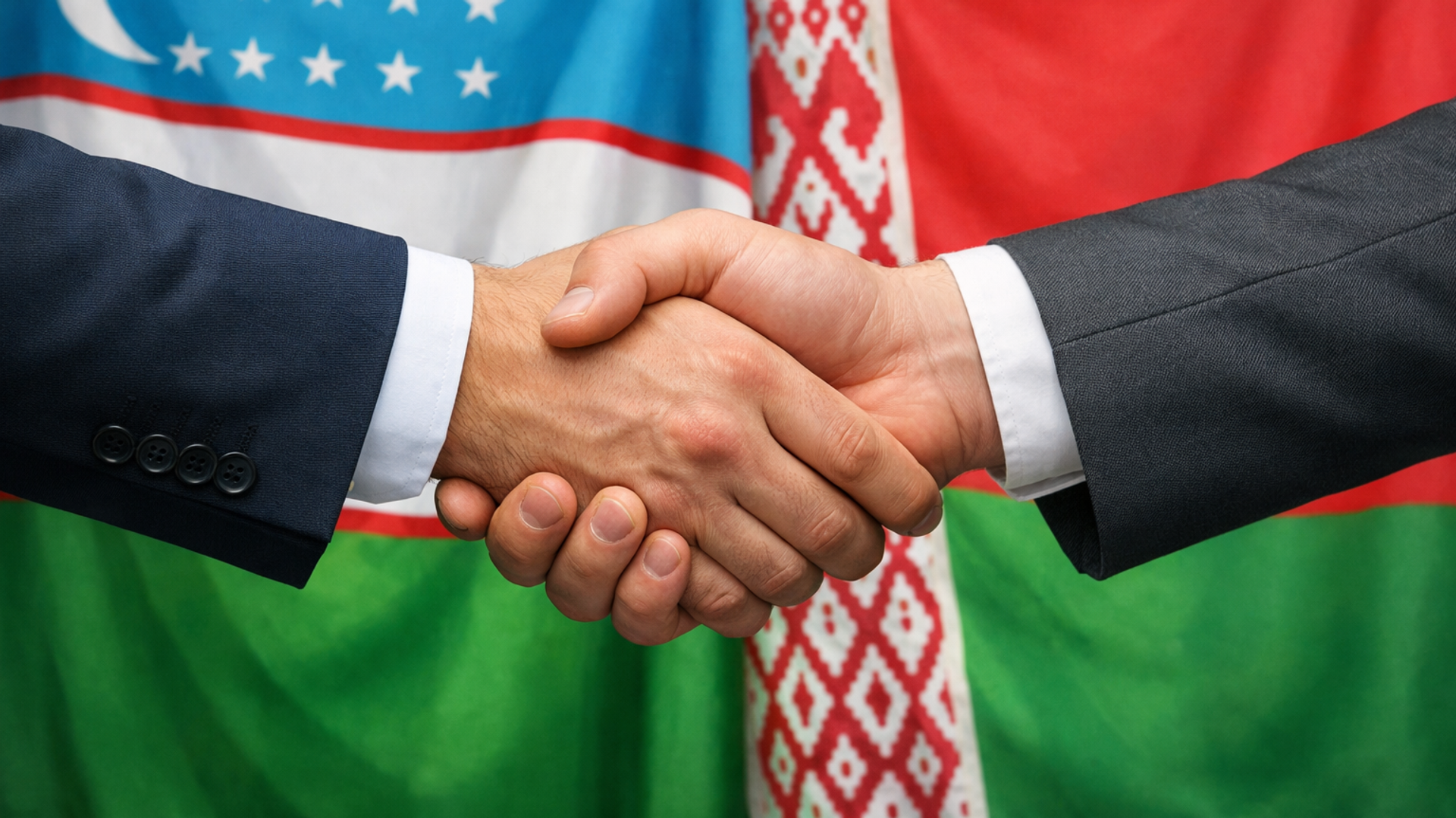 Рукопожатие сторон на фоне флагов Узбекистана и Белоруссии - Sputnik Узбекистан, 1920, 15.06.2026