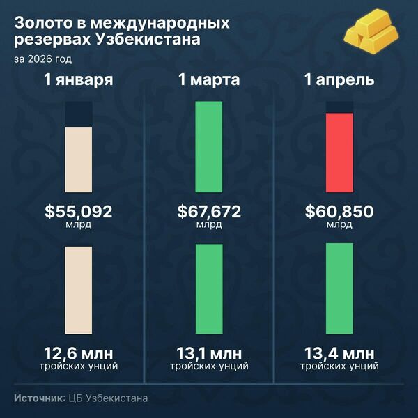 Золотовалютные резервы Узбекистана в первом квартале 2026 года выросли на 4% к декабрю 2025-го и составили $68,99 млрд - Sputnik Узбекистан