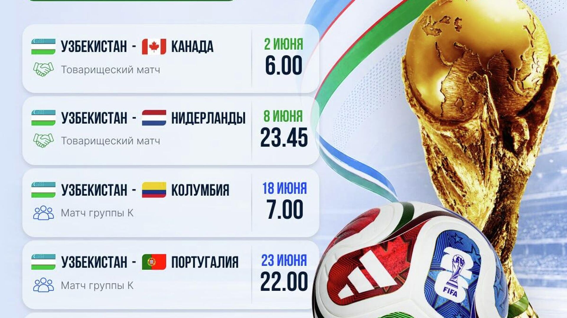 Сборная Узбекистана по футболу проведет матчи группового этапа чемпионата мира 18, 23 и 28 июня Сборная Узбекистана по футболу проведет матчи группового этапа чемпионата мира 18, 23 и 28 июня - Sputnik Узбекистан, 1920, 01.06.2026