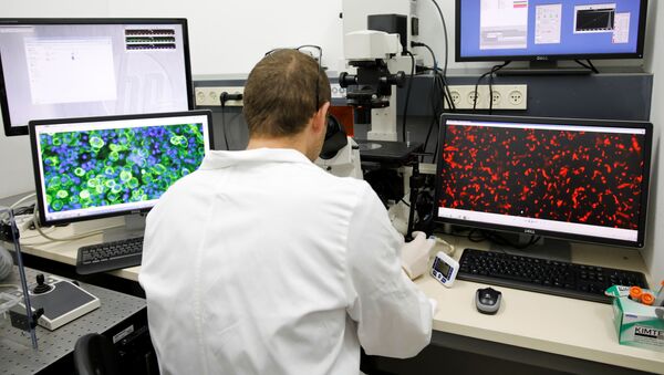 Лаборант смотрит в микроскоп во время демонстрации первого в мире живого сердца, напечатанного на 3D-принтере, Тель-Авив, Израиль - Sputnik Ўзбекистон