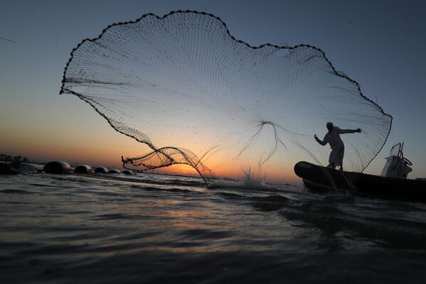 Рыбак бросает сеть недалеко от побережья Абу-Даби, ОАЭ - Sputnik Узбекистан