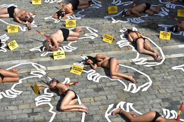 Активисты, выступающие за права животных, лежат на земле во время акции протеста против боя быков и быков накануне праздника Сан-Фермин, Испания - Sputnik Узбекистан