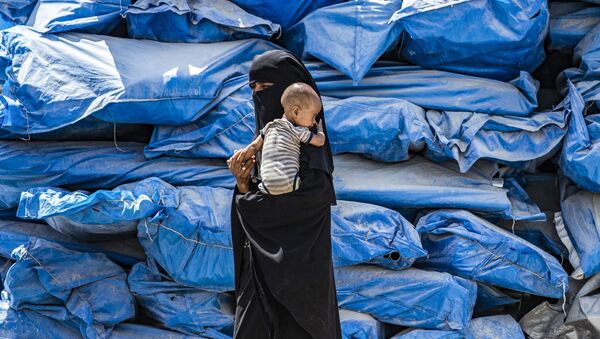 Женщина с никабе с ребенком на руках в лагере для перемещенных лиц al-Hol на северо-востоке Сирии - Sputnik Узбекистан