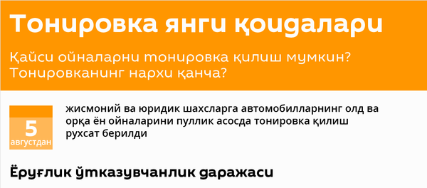 “Тонировка” учун янги нархлар “Тонировка” учун янги нархлар - Sputnik Ўзбекистон