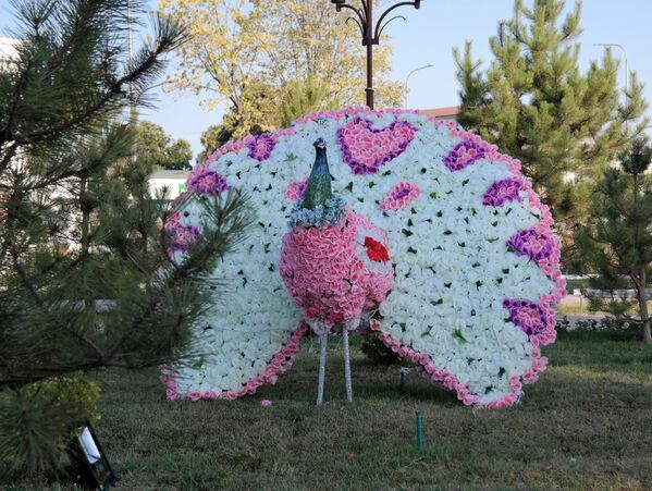Гулистан порадовал гостей мероприятия яркими цветочными инсталляциями в виде дельфинов, павлинов и белых лебедей - Sputnik Узбекистан