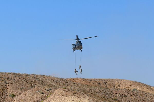 Высадка десанта с вертолета на узбеско-таджикских совместных учениях в Наманганской области. - Sputnik Узбекистан