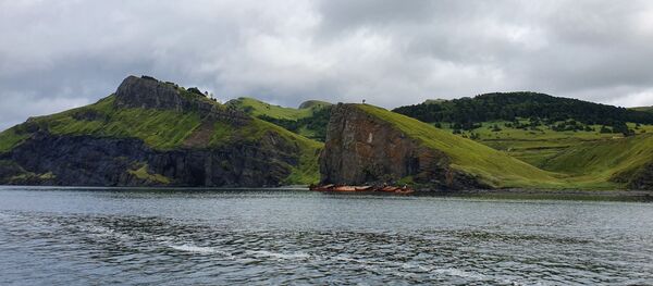 Вид на берег острова Шикотан с плашкоута Дружба. Вид на берег острова Шикотан с плашкоута Дружба. - Sputnik Узбекистан