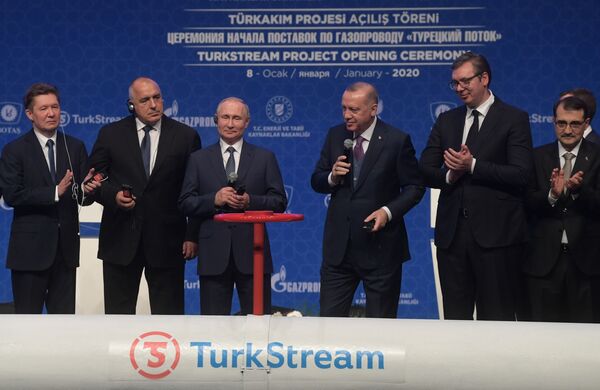 Президент России Владимир Путин и президент Турции Реджеп Тайип Эрдоган на церемонии официального открытия газопровода Турецкий поток в Стамбуле - Sputnik Узбекистан