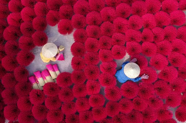 Вьетнамские женщины собирают сушеные ароматические палочки во дворе на окраине Ханоя, Вьетнам - Sputnik Узбекистан