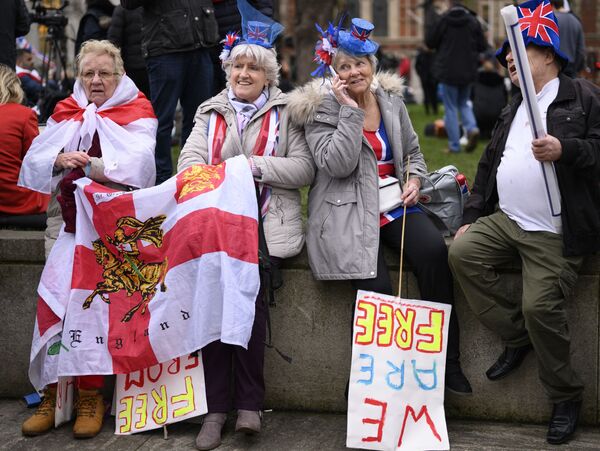 Сторонников Brexit на площади перед парламентом в пятницу собралось больше, чем во время любого из ранее проводимых митингов за выход из ЕС. - Sputnik Узбекистан