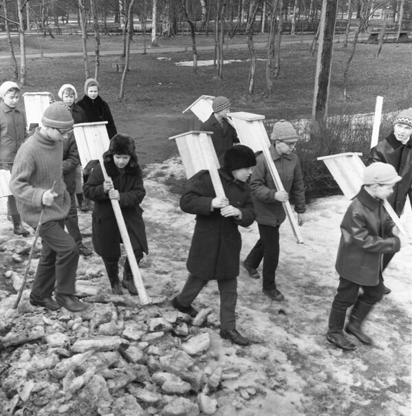 Leningrad maktab oʻquvchilari oʻzlari yasagan qush uyachalari  bilan, Qushlar kuni, 1972 yil. - Sputnik Oʻzbekiston