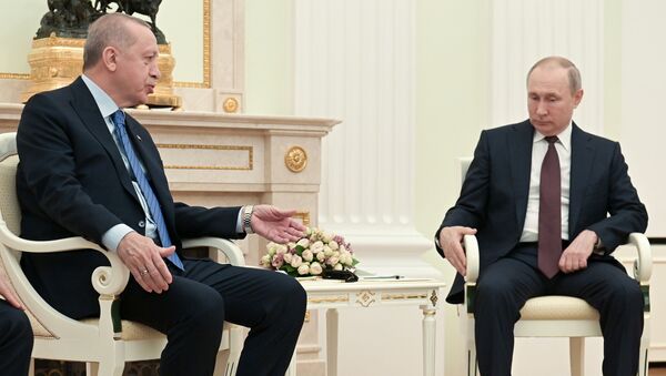 Президент Турции Тайип Эрдоган беседует с президентом России Владимиром Путиным, встреча в Кремле. - Sputnik Ўзбекистон