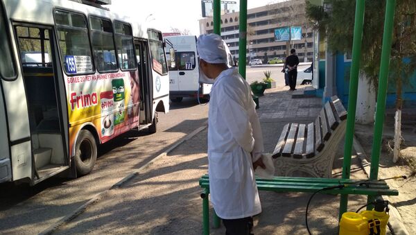 Сотрудник дезинфекионнной службы ждет следующий автобус обработки - Sputnik Узбекистан