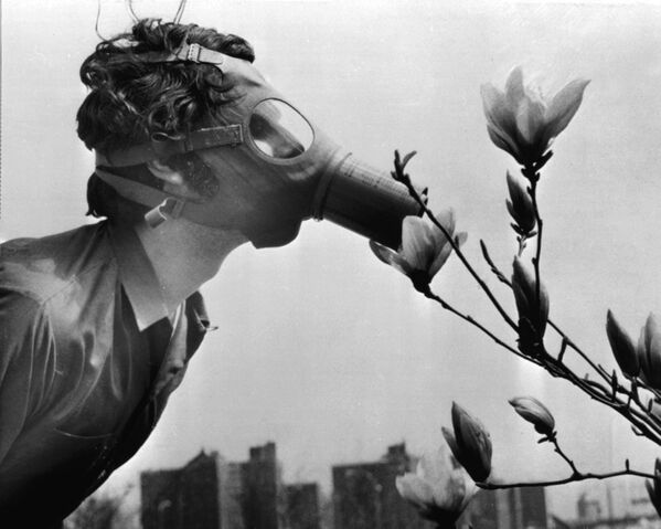 Студент в противогазе нюхает цветок во время демонстрации на День Земли, США, 1970 год - Sputnik Узбекистан