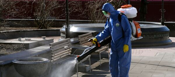 Обработка антисептическим раствором скамейки Обработка антисептическим раствором скамейки - Sputnik Ўзбекистон