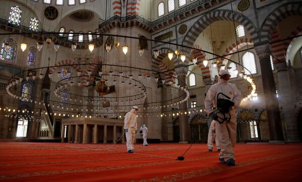 Turkiya,  Istanbul shahridagi Sulaymoniya masjidida dezinfetsiya ishlari, 26.05.20. - Sputnik O‘zbekiston