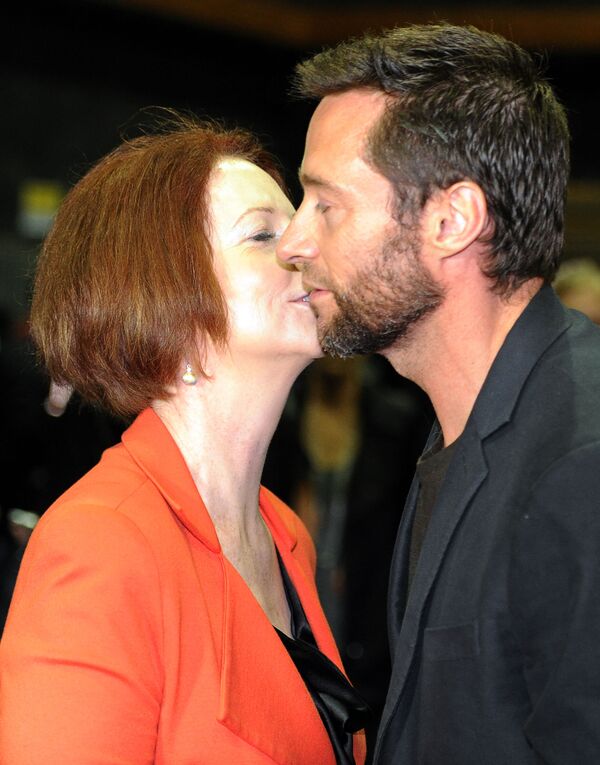 Aktor Xyu Jekman va Avstraliya bosh vaziri Juliya Gillard , Sidney 24-iyul 2012 y. - Sputnik O‘zbekiston