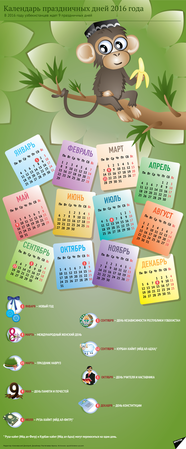 Календарь праздничных дней 2016 года - Sputnik Узбекистан