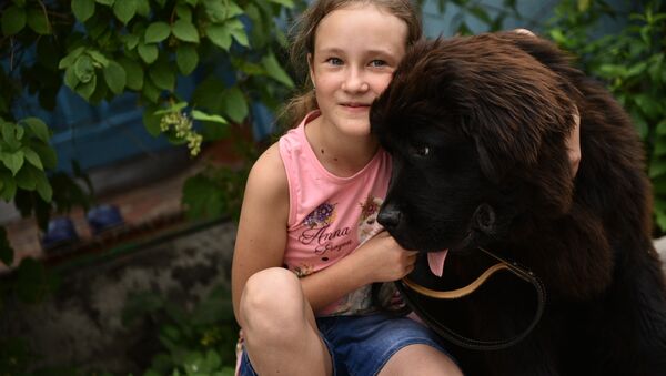 Даша Яицкая со щенком ньюфаундленда, подаренным президентом РФ В.Путиным - Sputnik Узбекистан