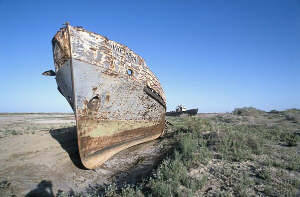 Это судно, когда-то бороздившее водную гладь Аральского моря, теперь стоит на песчаном приколе как напоминание о случившейся экологической катастрофе. 1994 год. - Sputnik Узбекистан
