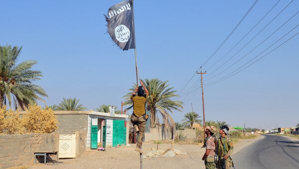 Иракские военнослужащие снимают флаг ИГИЛ после освобождения населенного пункта - Sputnik Ўзбекистон