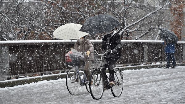 Люди едут на велосипеде во время снегопада в Японии - Sputnik Узбекистан