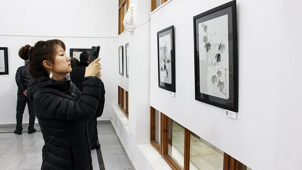 Посетитель выставки японской живописи сумиэ в Ташкенте - Sputnik Узбекистан