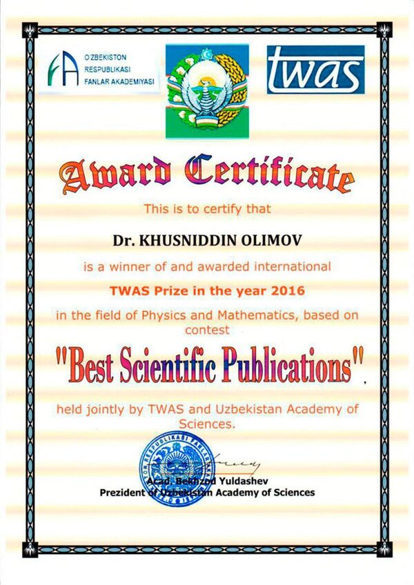 Сертификат Международной Академии наук, полученный Хусниддином Олимовым - Sputnik Узбекистан
