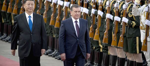 Председатель КНР Си Цзиньпин и президент Узбекистана Шавкат Мирзиёев во время церемонии приветствия в Пекине Председатель КНР Си Цзиньпин и президент Узбекистана Шавкат Мирзиёев во время церемонии приветствия в Пекине - Sputnik Узбекистан
