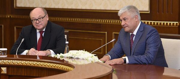 Министр внутренних дел РФ Владимир Колокольцев во время встречи с президентом Узбекистана Шавкатом Мирзиёевым Министр внутренних дел РФ Владимир Колокольцев во время встречи с президентом Узбекистана Шавкатом Мирзиёевым - Sputnik Ўзбекистон