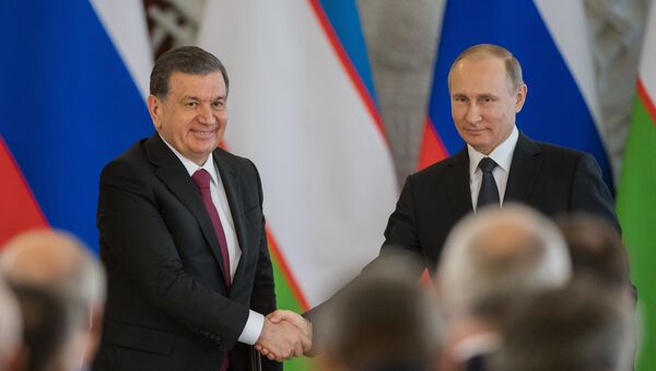Prezident RF Vladimir Putin i prezident Uzbekistana Shavkat Mirziyeyev (sleva) vo vremya vstrechi - Sputnik Oʻzbekiston