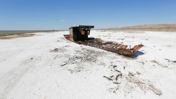 A ruined ship lays on a salinated part of the Aral Sea coastline near the village of Akespe, south-western Kazakhstan, April 16, 2017. Akespe, home to some 250 people, and Karateren, inhabited by about 150, used to be dominated by fishermen until the water receded too far away - but it is now back in Karateren. - Sputnik Узбекистан