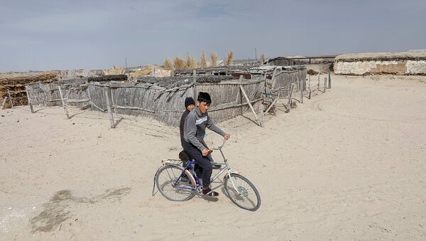 A boy rides a bicycle in the village of Karateren, near the Aral Sea, south-western Kazakhstan, April 15, 2017. Akespe, home to some 250 people, and Karateren, inhabited by about 150, used to be dominated by fishermen until the water receded too far away - but it is now back in Karateren - Sputnik Узбекистан