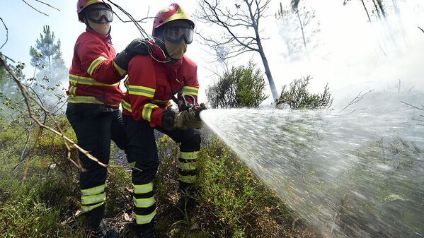 Firefighters use a hose as they combat a wildfire in Vale da Ponte, Pedrograo Grande, on June 20, 2017. The huge forest fire that erupted on June 17, 2017 in central Portugal killed at least 64 people and injured 135 more, with many trapped in their cars by the flames. - Sputnik Узбекистан
