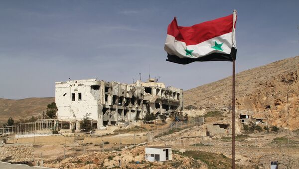 Сирийский флаг на фоне разрушенного дома в сирийском городе - Sputnik Узбекистан