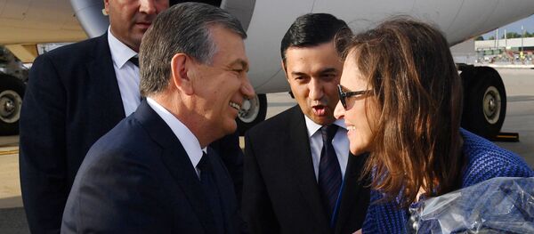 Кэролин Лэмм встречает Шавката Мирзиёева в аэропорту Нью Йорка Кэролин Лэмм встречает Шавката Мирзиёева в аэропорту Нью Йорка - Sputnik Узбекистан