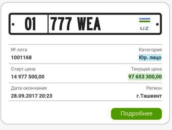 Золотой номер продан за почти 100 млн сумов Золотой номер продан за почти 100 млн сумов - Sputnik Ўзбекистон