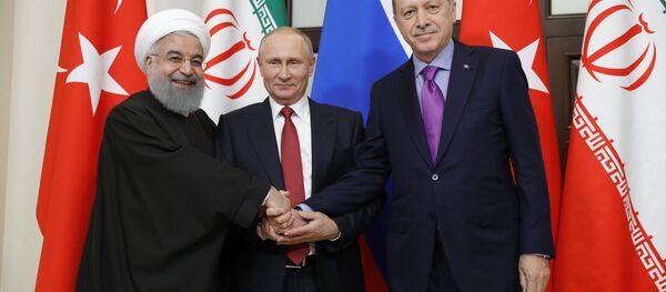 Встреча президента РФ В. Путина с президентом Ирана Х. Рухани и президентом Турции Р. Эрдоганом Встреча президента РФ В. Путина с президентом Ирана Х. Рухани и президентом Турции Р. Эрдоганом - Sputnik Узбекистан