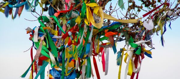 Ленты паломников на дереве возле буддийской Всеблагой Ступы Великого Просветления на острове Огой Ленты паломников на дереве возле буддийской Всеблагой Ступы Великого Просветления на острове Огой - Sputnik Ўзбекистон