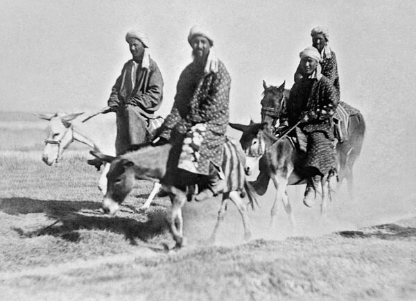 Узбеки верхом на ослах и лошадях едут по дороге в Ташкент. 1924 г. Узбеки верхом на ослах и лошадях едут по дороге в Ташкент. 1924 г. - Sputnik Узбекистан