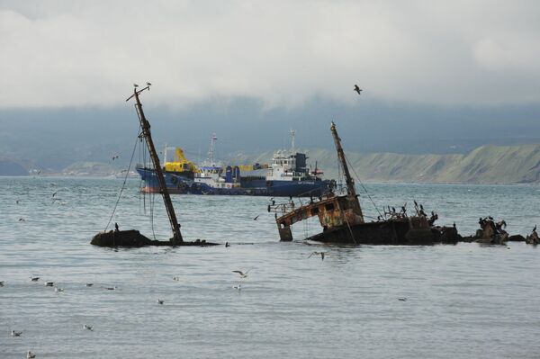 Затонувший корабль в акватории порта Южно-Курильска на острове Кунашир - Sputnik Узбекистан