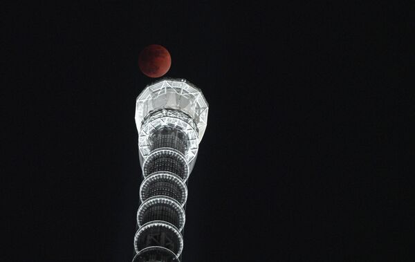 Полная луна на фоне башни Sky Tree в Токио, Япония - Sputnik Узбекистан