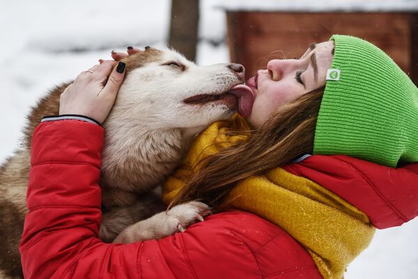 Девушка на территории парка Сокольники во время общения с собакой породы хаски - Sputnik Узбекистан