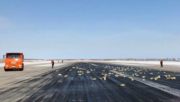Vzletno-posadochnaya polosa aeroporta Yakutsk s rassipannim gruzom iz samolyota An-12 - Sputnik O‘zbekiston