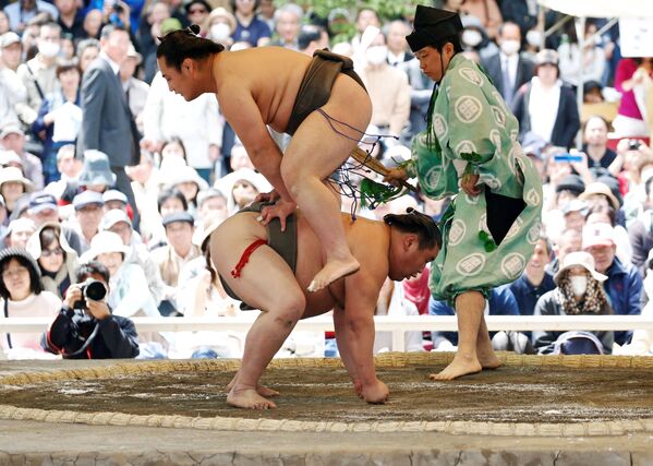 Сумоисты во время показательного боя на турнире по сумо в синтоистском святилище Ясукуни в Токио - Sputnik Узбекистан